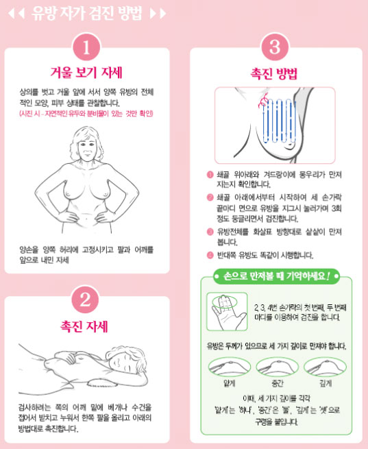 그림2.유방 자가 검진방법 1.거울보기 자세 2.촉진자세 3.촉진방법
