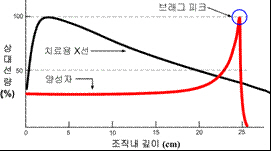 양성자선과 X선의 깊이선량곡선(depth-dose curve)