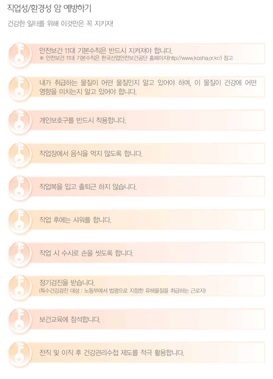 국민 암예방 수칙 실천 지침-직업성 환경성 암 예방하기