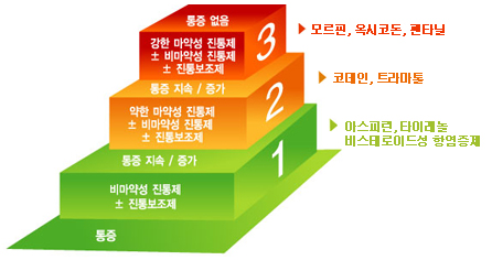 WHO 3단계 진통제 사다리 - WHO 3단계 진통제 사다리를 살펴보면, 
1단계 경한통증단계로 비마약성 진통제인 아스피린, 타이레놀 등을 사용하고, 필요시 약한 마약성 진통제를 추가합니다. 
2단계 중등도 통증단계는 비마약성 진통제에 약한 마약성 진통제인 코데인, 트라마돌 등을 추가하여 사용하며 필요시 강한 마약성진통제를 추가합니다. 
3단계 중증통증은 심한 통증에는 처음부터 강한 마약성 진통제인 모르핀, 옥시코돈, 펜타닐 등을 사용합니다.
