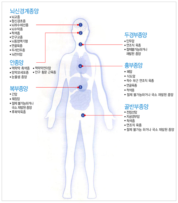 양성자 치료를 적용할 수 있는 종양 - 양성자 치료의 적응증으로는 크게 뇌신경계종양, 안종양, 두경부종양, 폐암, 식도암 등의 흉부종양, 간암, 췌장암 등의 복부종양, 전립선암, 자궁경부암 등의 골반부종양이 있습니다.