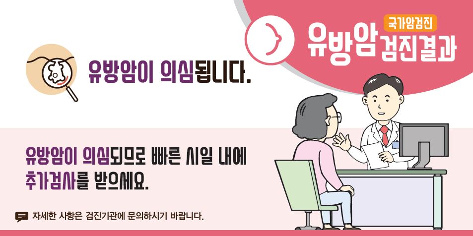 [국가암검진]유방암검진결과 - 유방암이 의심됩니다. 유방암이 의심되므로 빠른 시일 내에 추가검사를 받으세요. (자세한 사항은 검진기관에 문의하시기 바랍니다.)