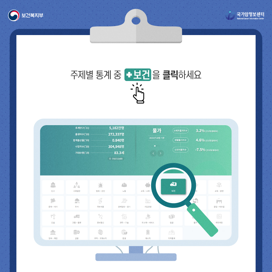 보건복지부 국립암정보센터 주제별 통계 중 보건을 클릭하세요