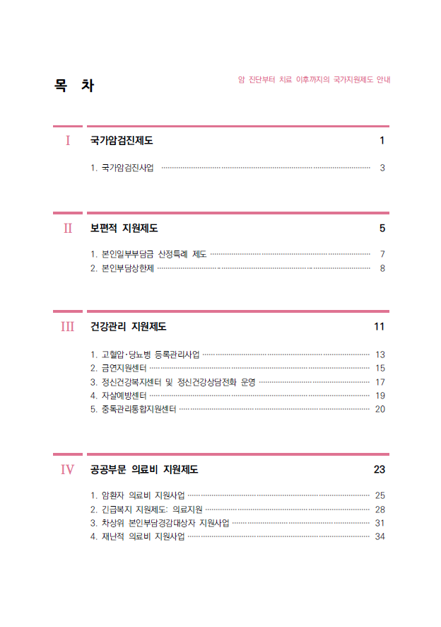 목 차 암 진단부터 치료 이후까지의 국가지원제도 안내 국가암검진제도 1 1. 국가암검진사업 ·································································································· 3 II 보편적 지원제도 5 1. 본인일부부담금 산정특례 제도 ··········································································· 7 2. 본인부담상한제 ···································································································· 8 III 건강관리 지원제도 11 1. 고혈압･당뇨병 등록관리사업 ·············································································· 13 2. 금연지원센터 ······································································································· 15 3. 정신건강복지센터 및 정신건강상담전화 운영 ···················································· 17 4. 자살예방센터 ······································································································· 19 5. 중독관리통합지원센터 ························································································· 20 IV 공공부문 의료비 지원제도 23 1. 암환자 의료비 지원사업 ····················································································· 25 2. 긴급복지 지원제도: 의료지원 ············································································· 28 3. 차상위 본인부담경감대상자 지원사업 ································································ 31 4. 재난적 의료비 지원사업 ····················································································· 34
