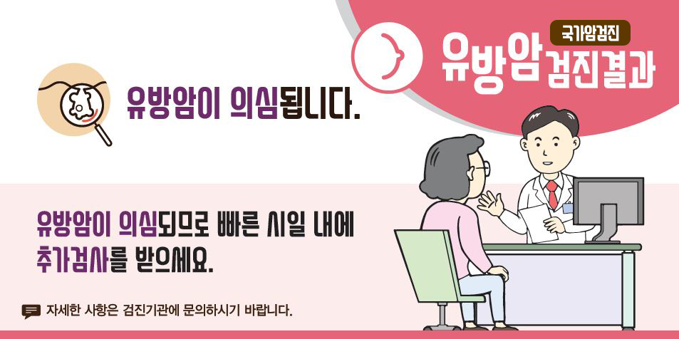 [국가암검진]유방암검진결과 - 유방암이 의심됩니다. 유방암이 의심되므로 빠른 시일 내에 추가검사를 받으세요. (자세한 사항은 검진기관에 문의하시기 바랍니다.)